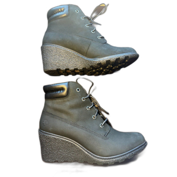 Timberland Women's Amston Wedge Booties Leather Suede Sz 9 Black Bikercore, Goth - Picture 3 of 9